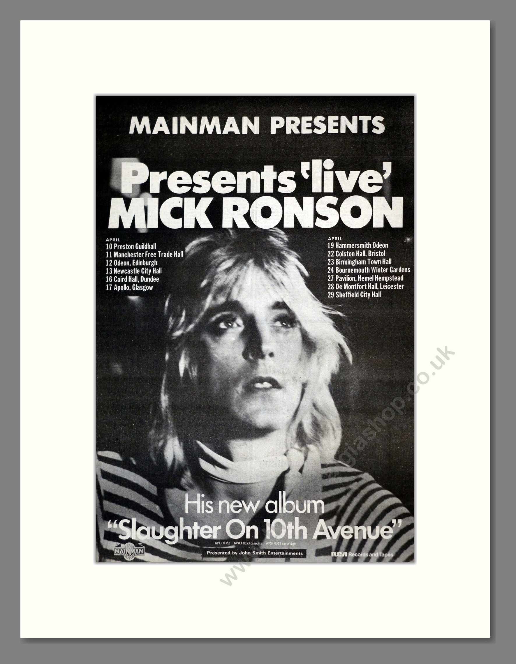 Mick Ronson - Slaughter On 10th Avenue (UK Tour). Vintage Advert 1974 (ref AD17790)