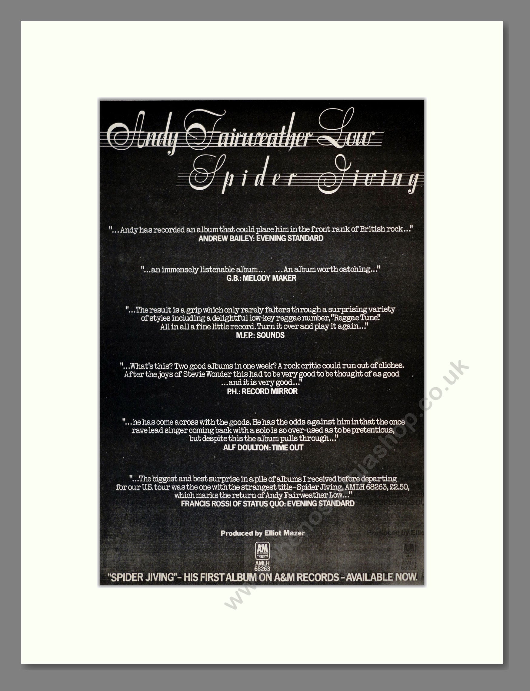 Andy Fairweather Low - Spider Jiving. Vintage Advert 1974 (ref AD17799)