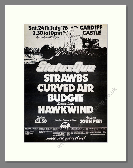 Status Quo / Strawbs / Curved Air / Budgie / Hawkwind - Cardiff Castle. Vintage Advert 1976 (ref AD17816)