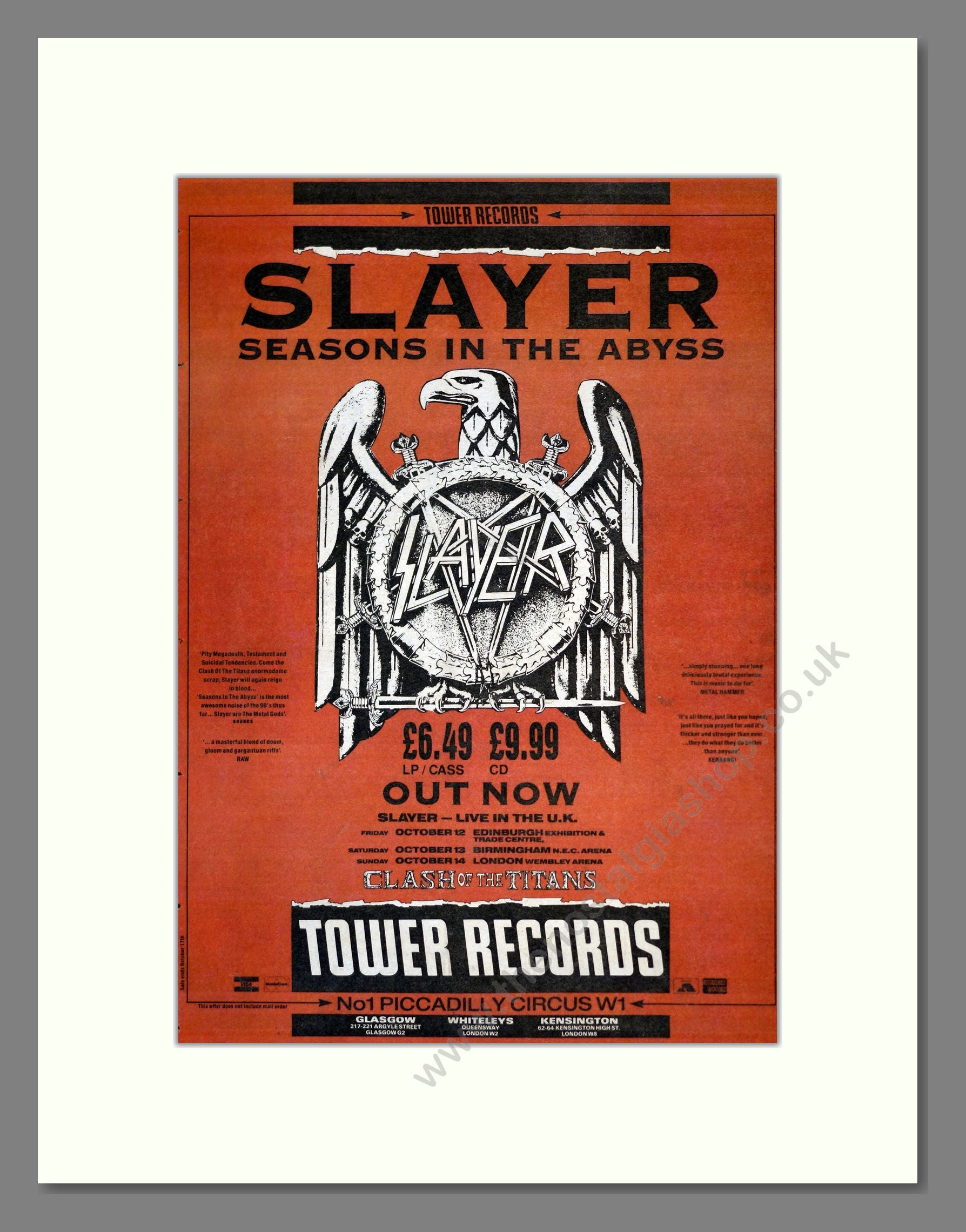 Slayer - Seasons In The Abyss. Vintage Advert 1990 (ref AD17868)