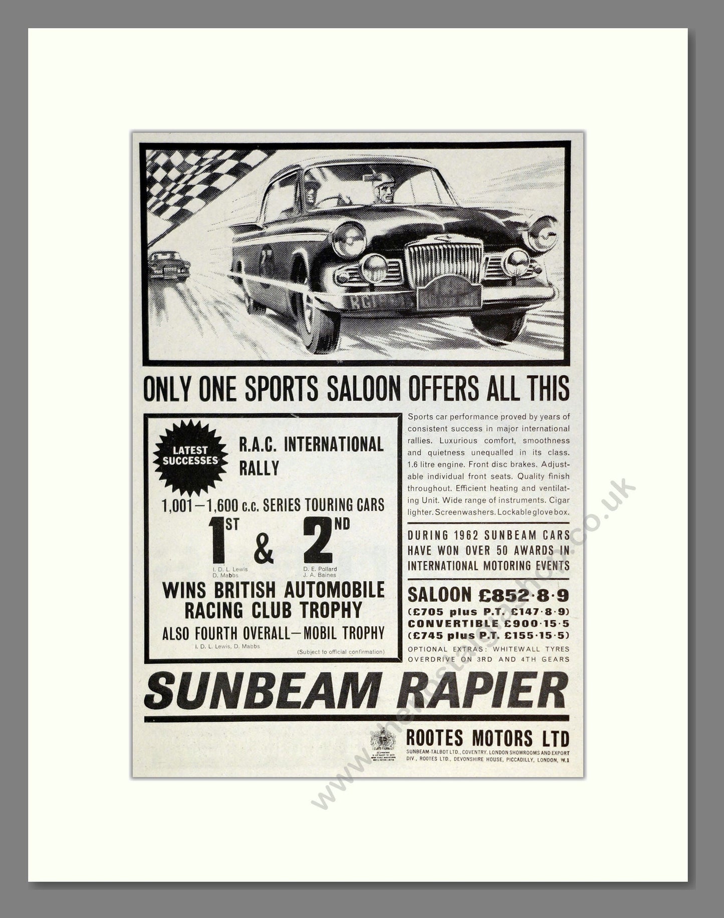 Sunbeam - Rapier. Vintage Advert 1962 (ref AD61855)