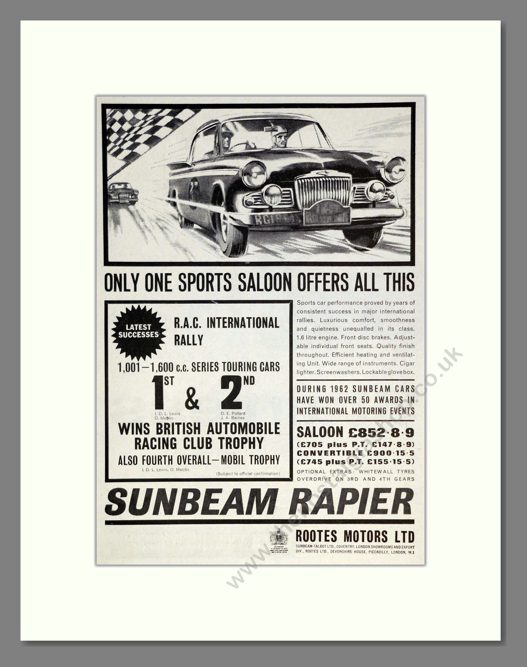 Sunbeam - Rapier. Vintage Advert 1962 (ref AD61855)