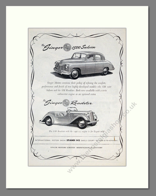 Singer - 1500 / Roadster. Vintage Advert 1952 (ref AD61964)
