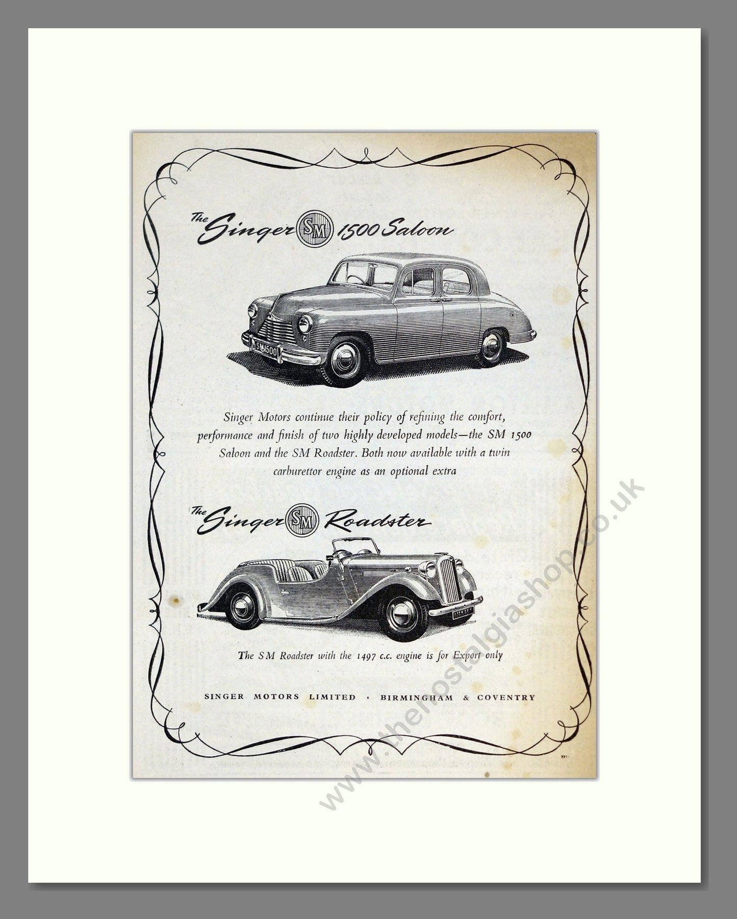 Singer - 1500 / Roadster. Vintage Advert 1952 (ref AD61967)