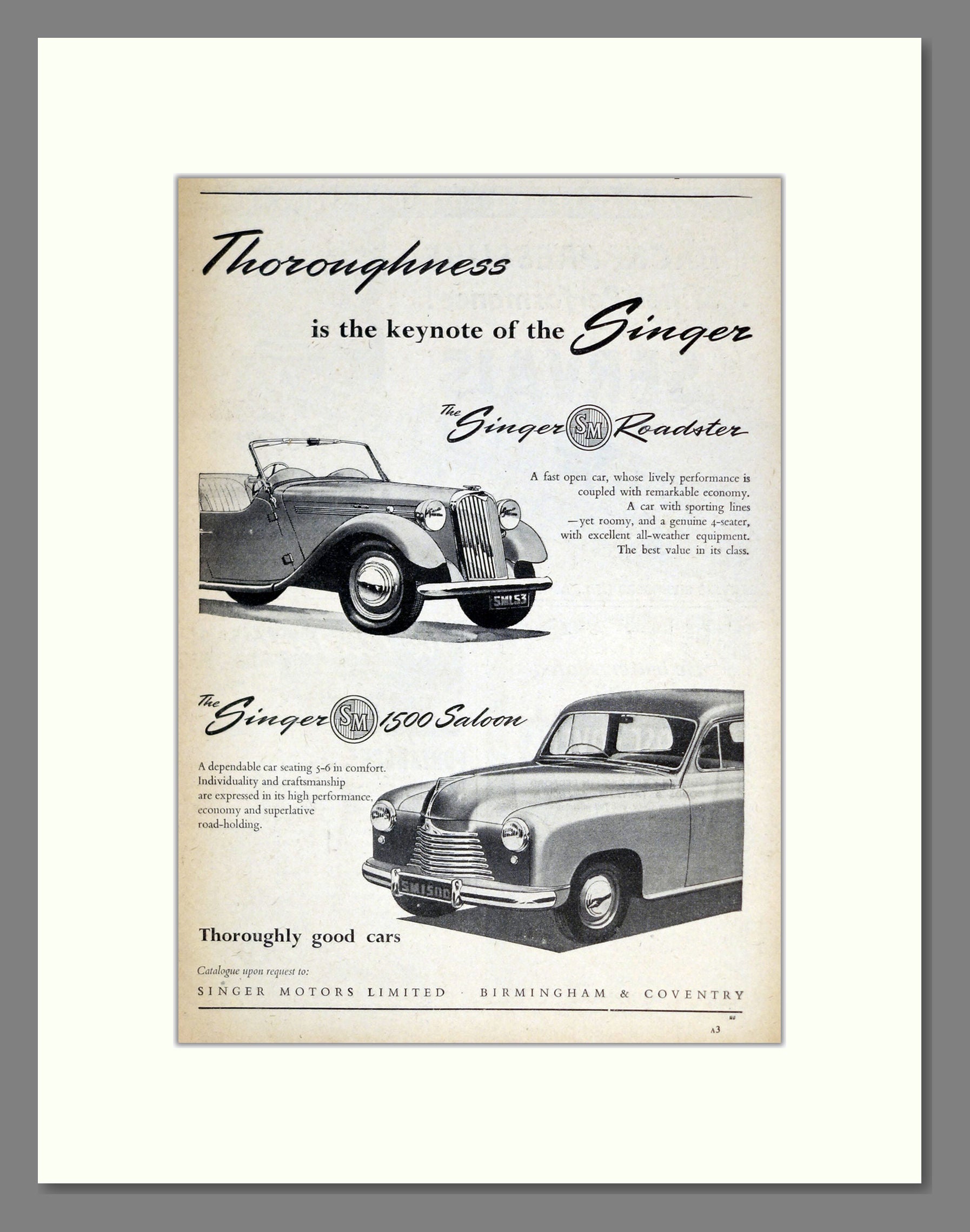 Singer - 1500 / Roadster. Vintage Advert 1953 (ref AD62021)