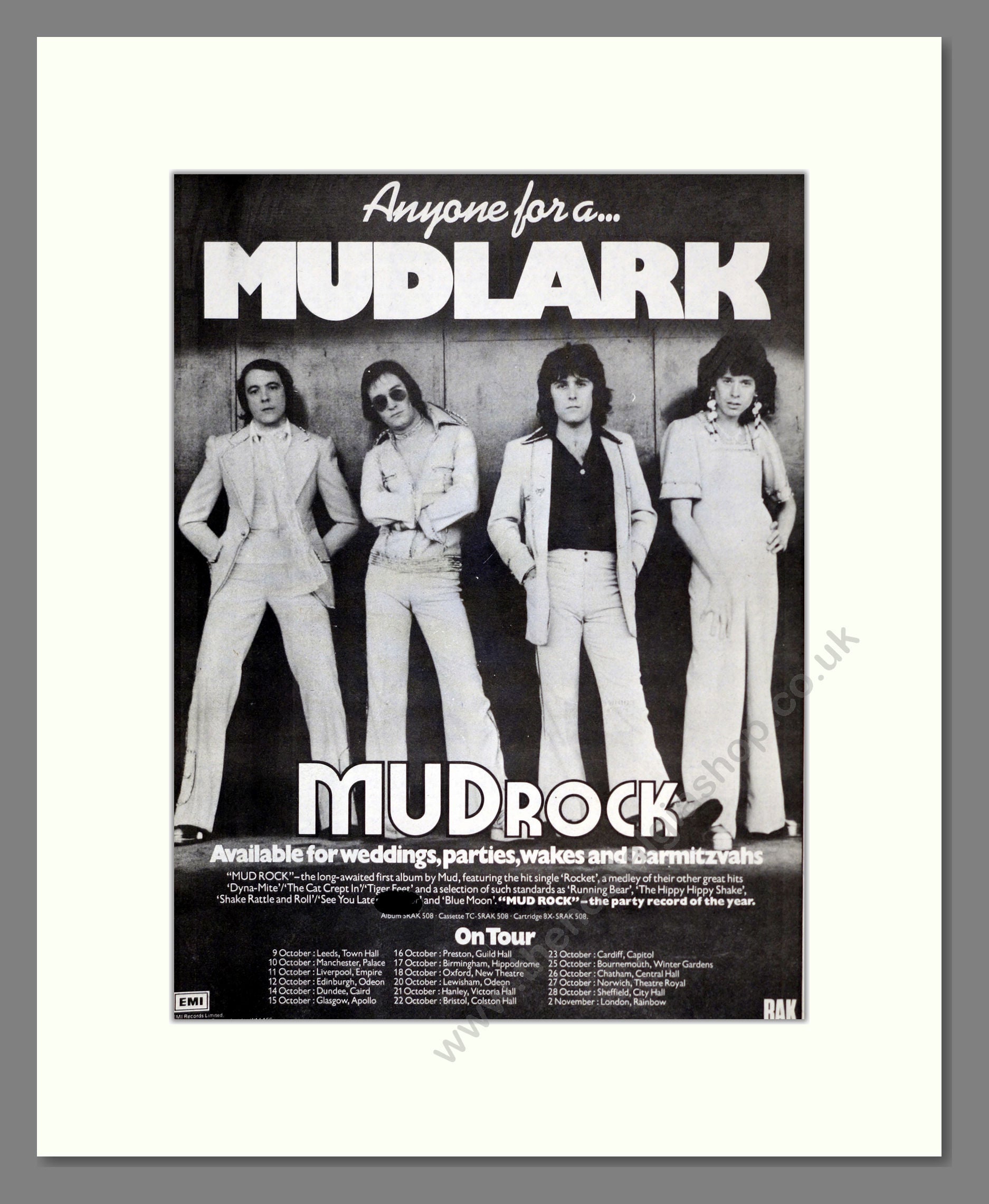 Mudrock - Anyone For A Mudlark (UK Tour). Vintage Advert 1974 (ref AD17907)