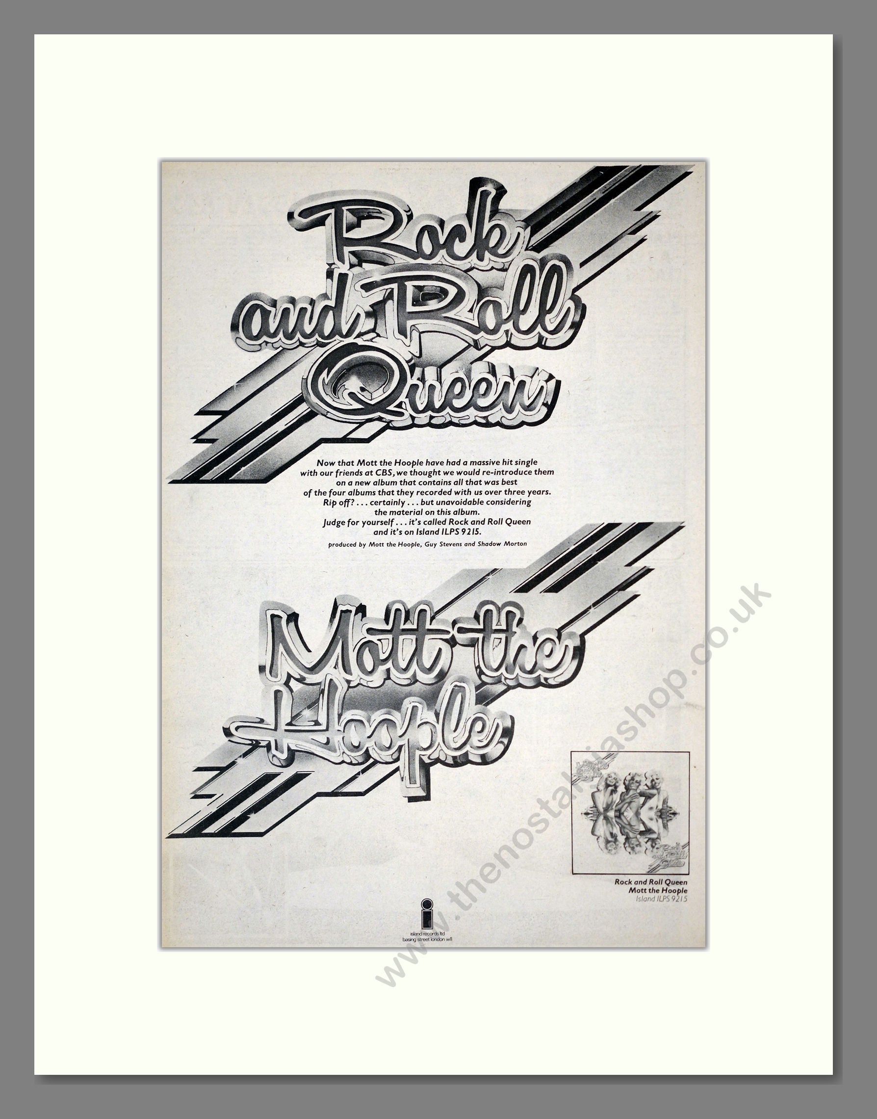 Mott The Hoople - Rock And Roll Queen. Vintage Advert 1972 (ref AD17935)