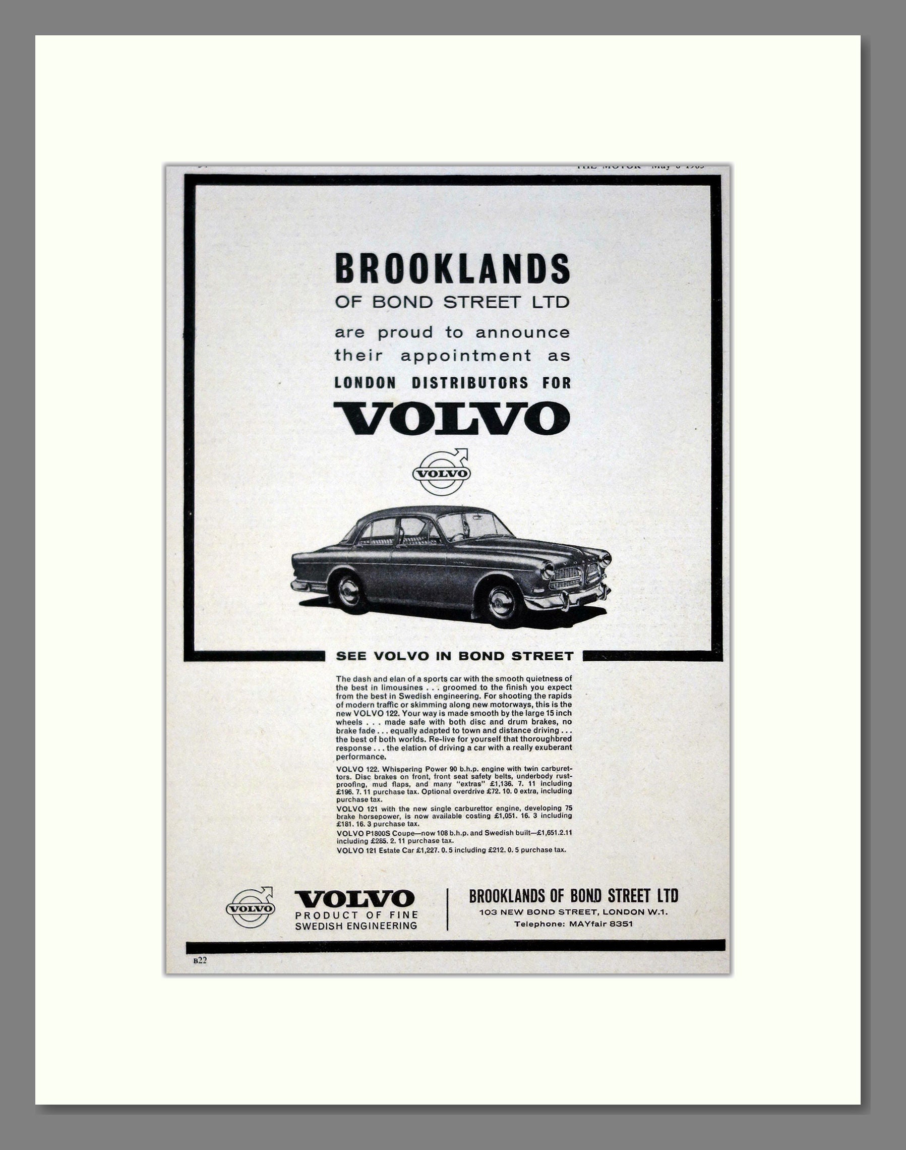 Volvo - 121 Brooklands Of Bond Street. Vintage Advert 1963 (ref AD62088)