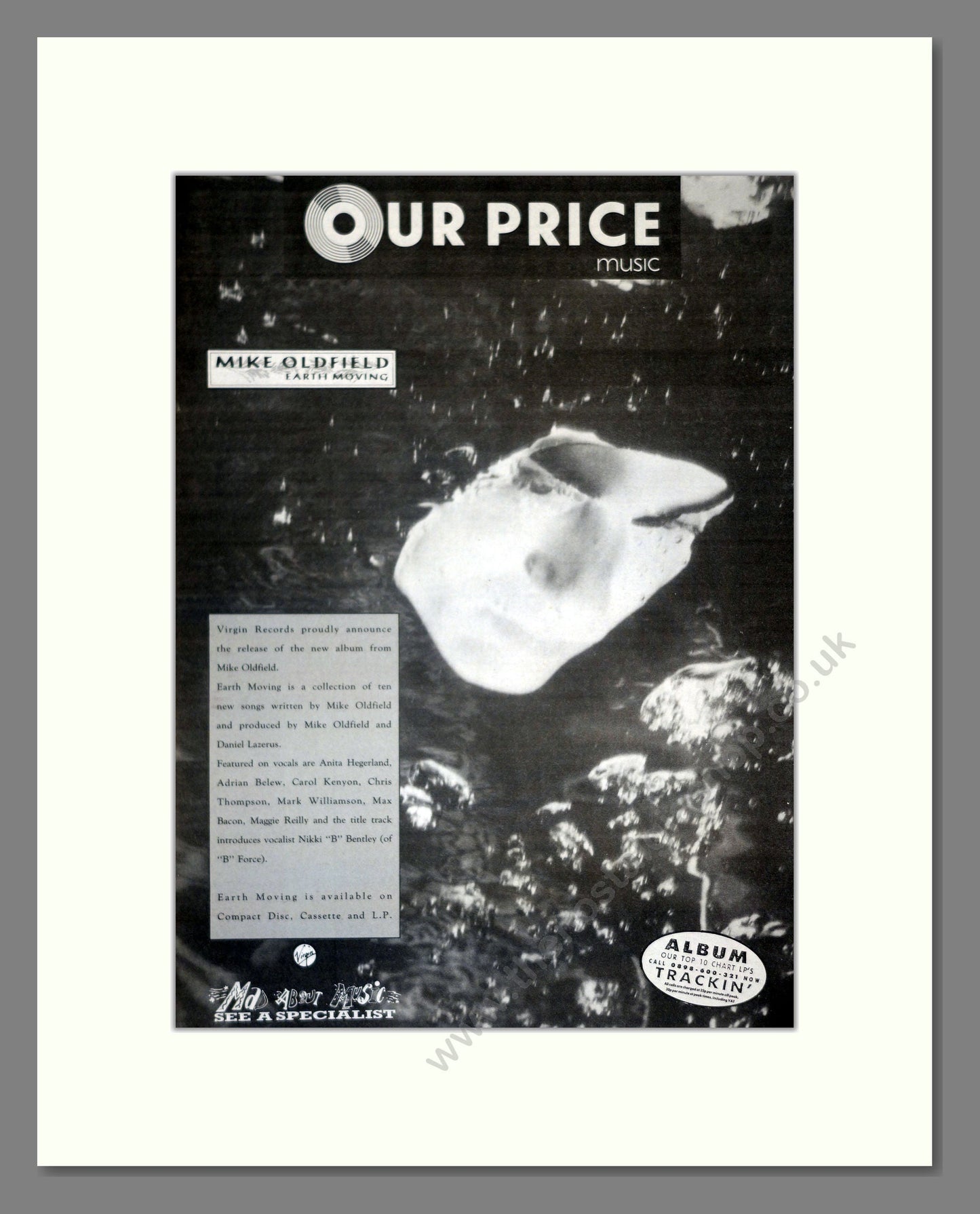 Mike Oldfield - Earth Moving. Vintage Advert 1989 (ref AD17960)