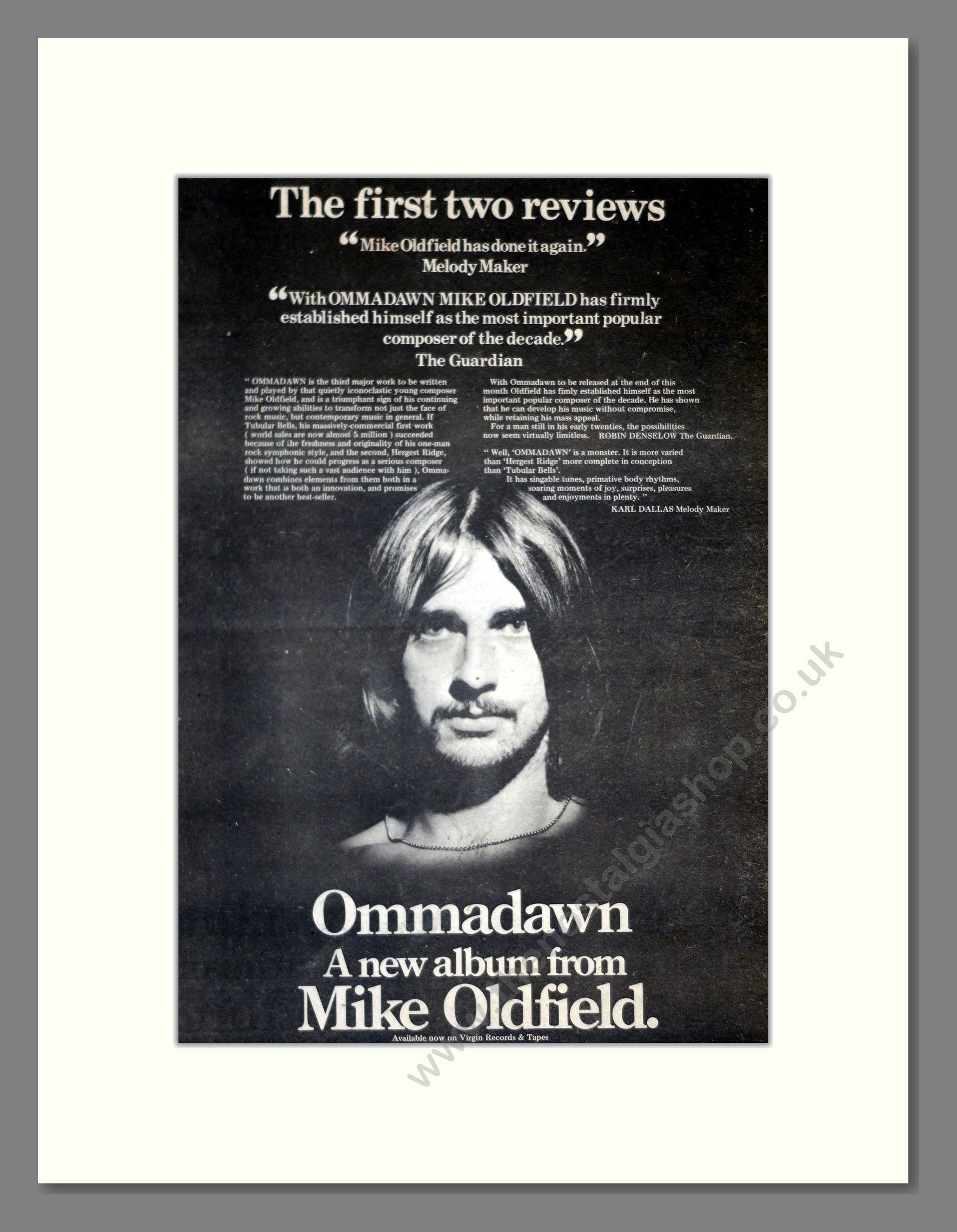 Mike Oldfield - Ommadawn. Vintage Advert 1975 (ref AD17973)