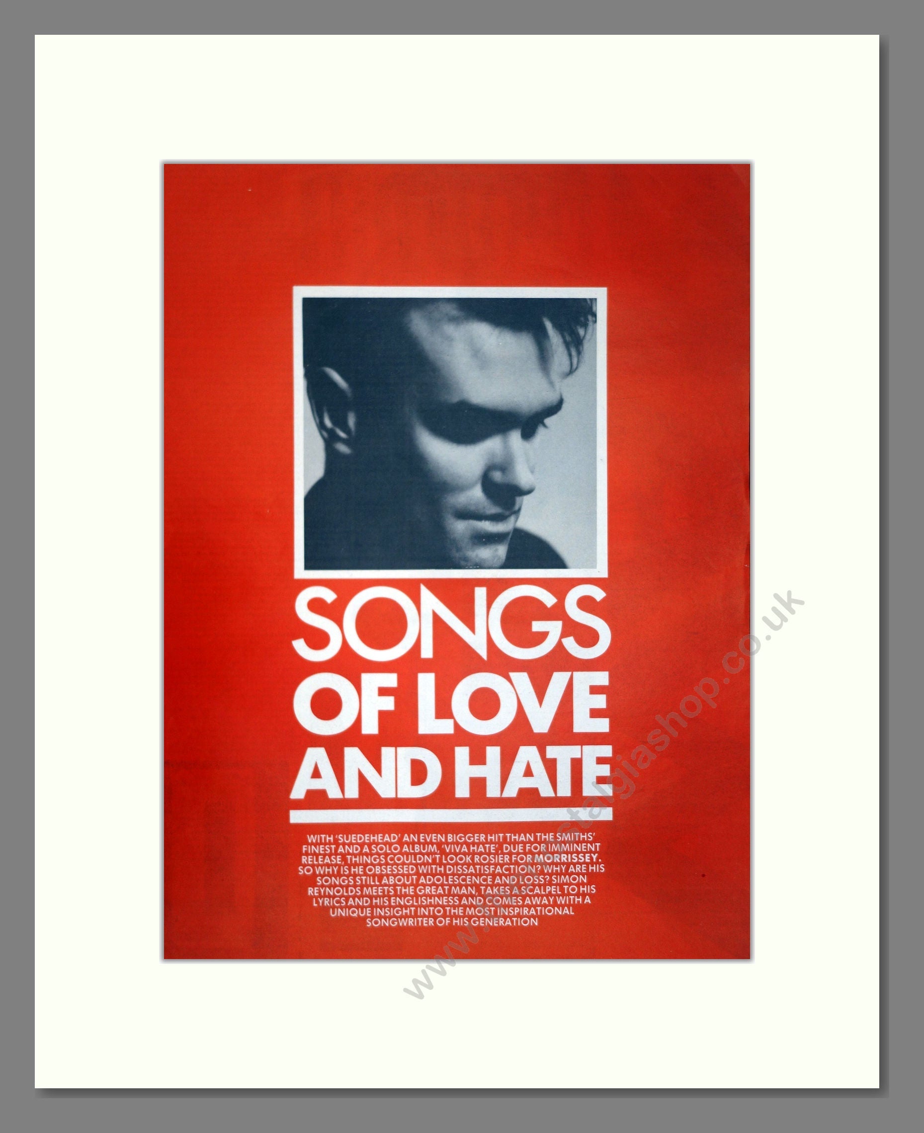 Morrissey - Songs Of Love And Hate. Vintage Advert 1988 (ref AD17975)