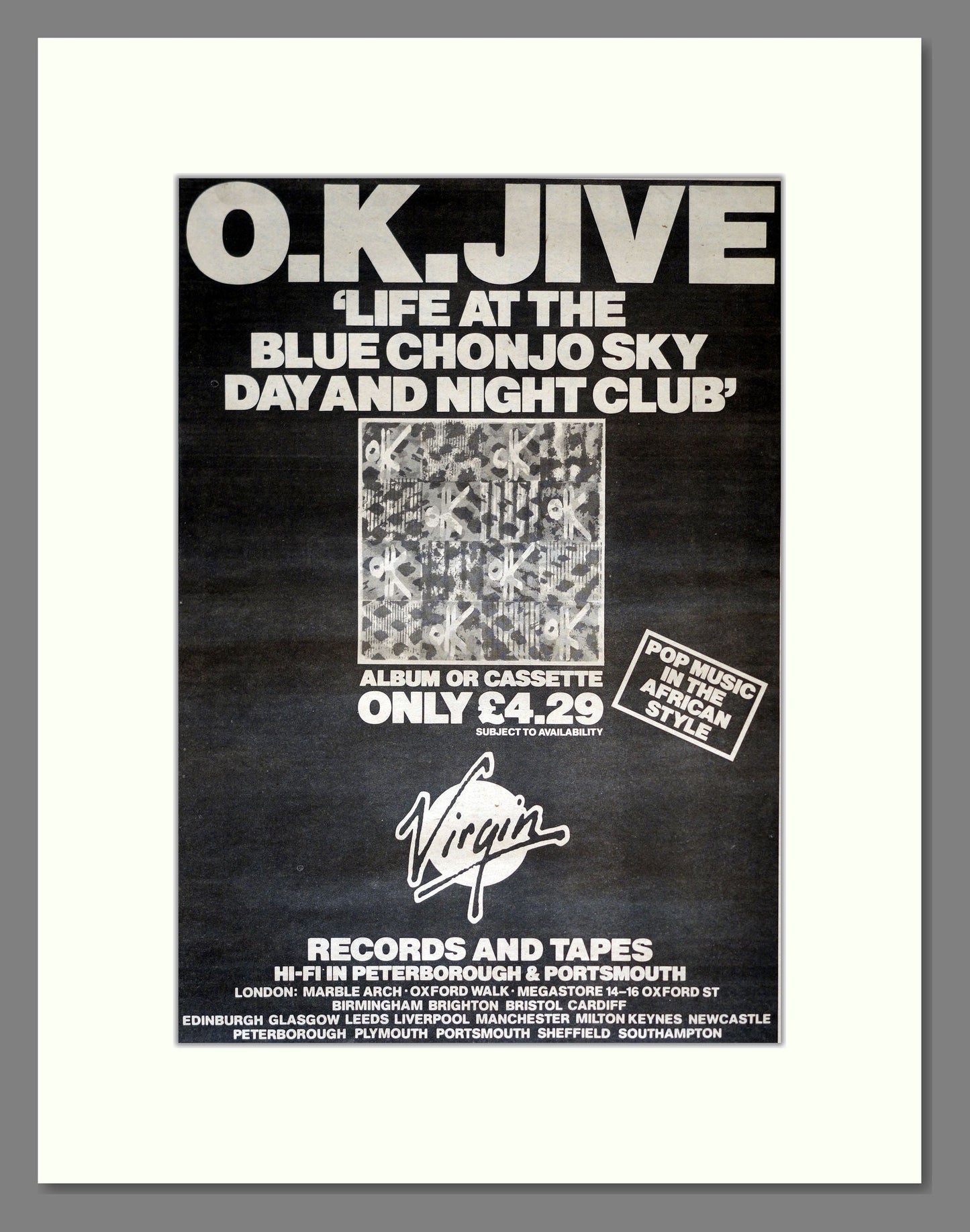 OK Jive - Life At The Blue Chonjo Sky Day And Night Club. Vintage Advert 1982 (ref AD18055)