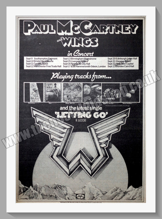 Wings. Letting Go. UK Tour Dates. Vintage Advert 1975 (ref AD14290)