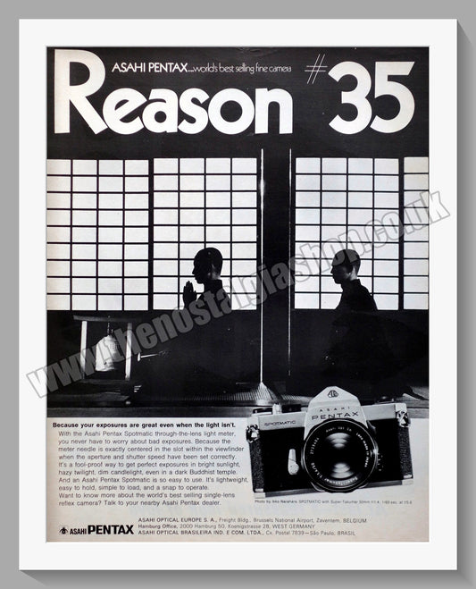 Pentax Asahi Spotmatic SLR Camera. Original Advert 1970 (ref AD300352)
