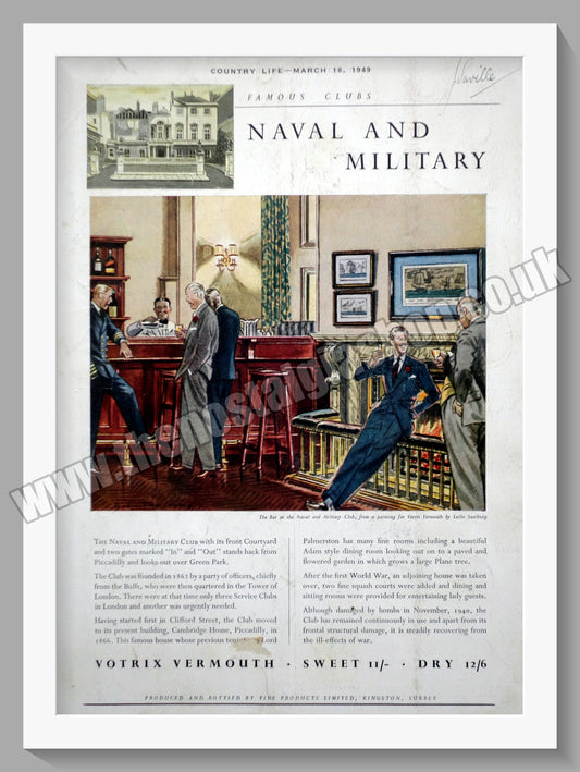 Votrix Vermouth Military Club. Original Advert 1949 (ref AD300463)