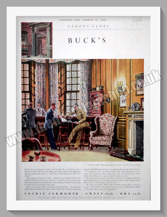 Votrix Vermouth Buck's Club. Original Advert 1948 (ref AD300464)
