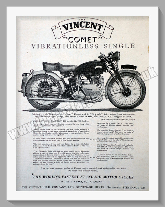 Vincent Comet Motorcycle. Vintage Advert 1950 (ref AD56495)