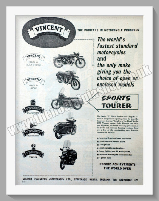 Vincent Motorcycle Range. Vintage Advert 1955 (ref AD56497)