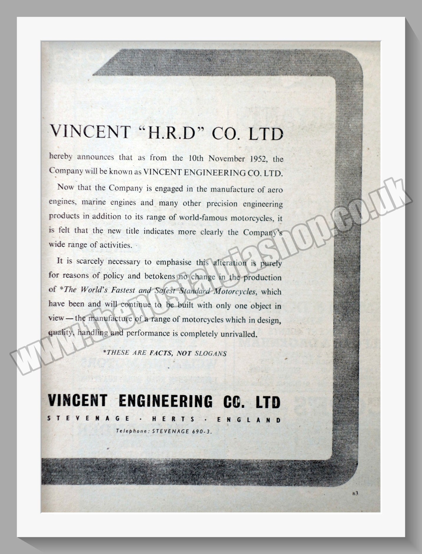 Vincent Motorcycles. Company Name Change. Vintage Advert 1952 (ref AD56499)