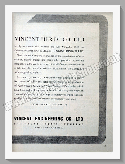 Vincent Motorcycles. Company Name Change. Vintage Advert 1952 (ref AD56499)