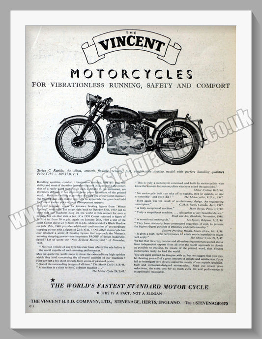 Vincent Series C Rapide Motorcycle. Vintage Advert 1950 (ref AD56503)