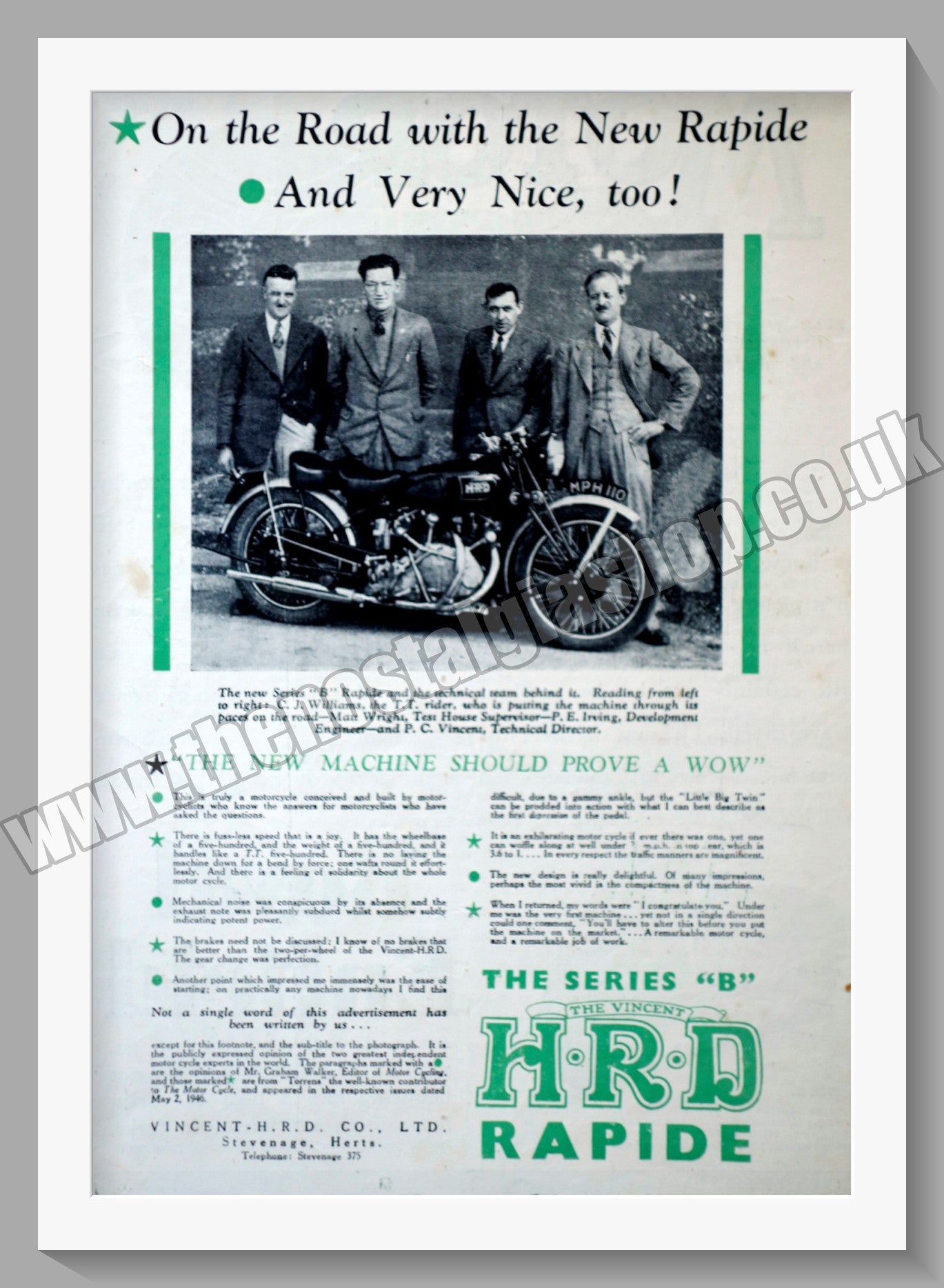 Vincent H.R.D Rapid Motorcycle. Vintage Advert 1946 (ref AD56508)