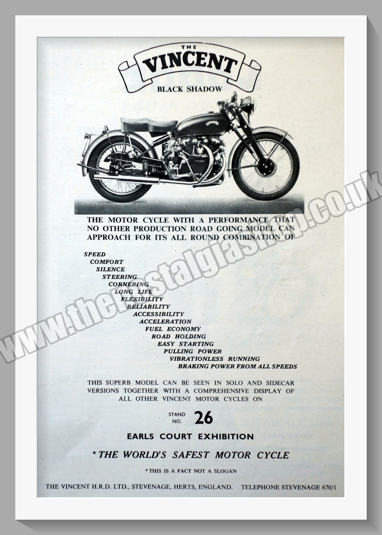 Vincent Black Shadow Motorcycle. Vintage Advert 1951 (ref AD56511)