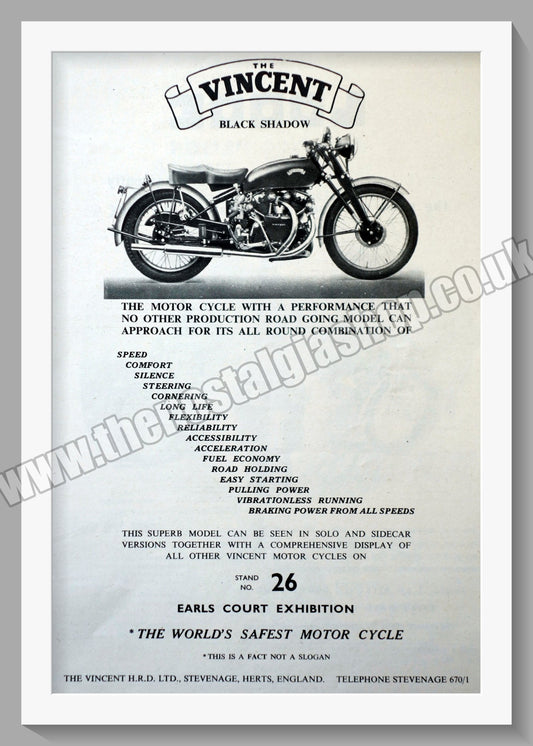 Vincent Black Shadow Motorcycle. Vintage Advert 1951 (ref AD56511)