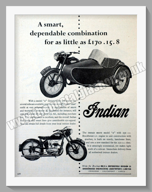 Indian Brave Model R with Watsonian Sidecar. Original advert 1954 (ref AD1250)