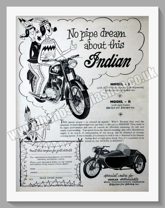 Indian Brave Model S & Model R Motorcycles. Original Advert 1955 (ref AD56515)