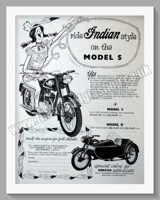 Indian Brave Model S & Model R Motorcycles. Original Advert 1955 (ref AD56516)