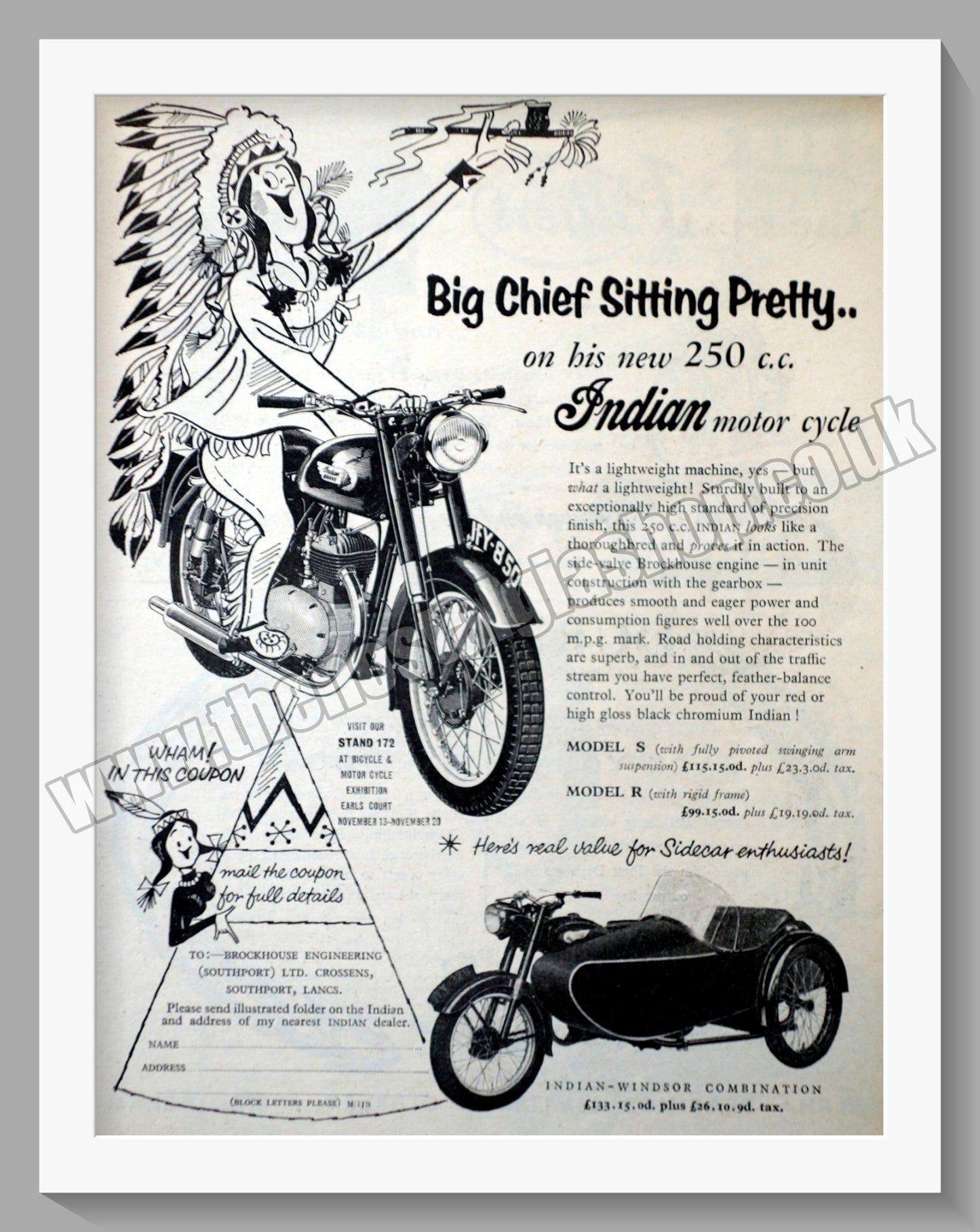 Indian Brave Model S & Model R Motorcycles. Original Advert 1954 (ref AD56518)