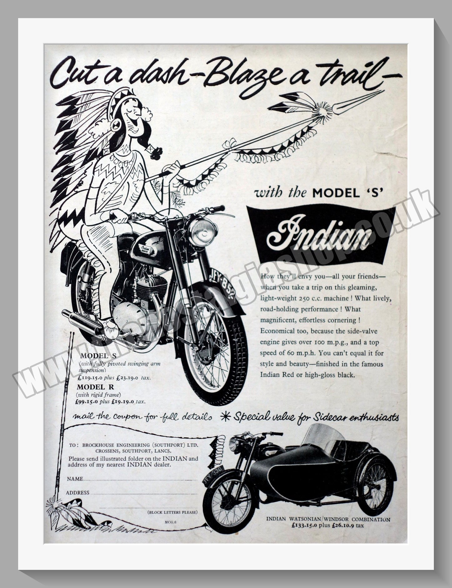 Indian Brave Model S & Model R Motorcycles. Original Advert 1955 (ref AD56519)