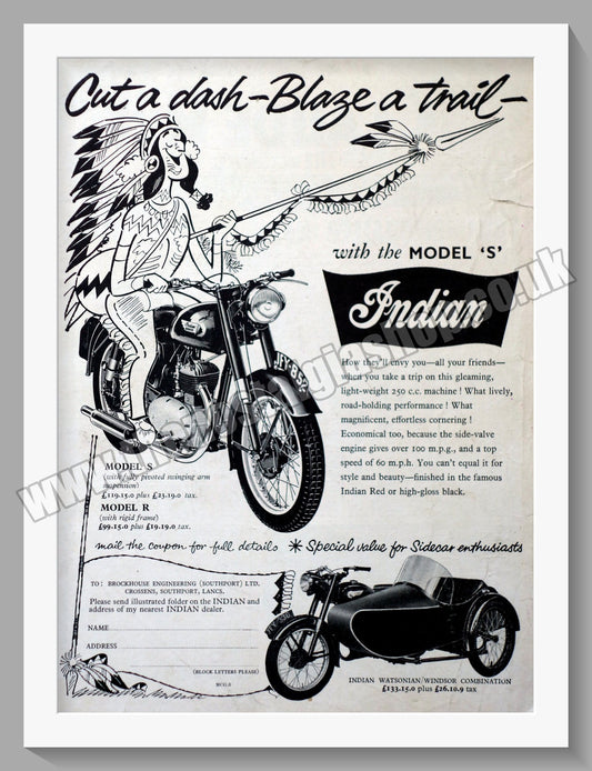 Indian Brave Model S & Model R Motorcycles. Original Advert 1955 (ref AD56519)