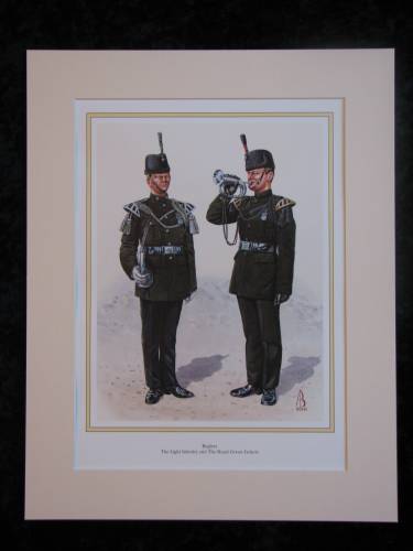 The Light Infantry & The Royal Green Jackets Buglers  Mounted print (ref PR418)